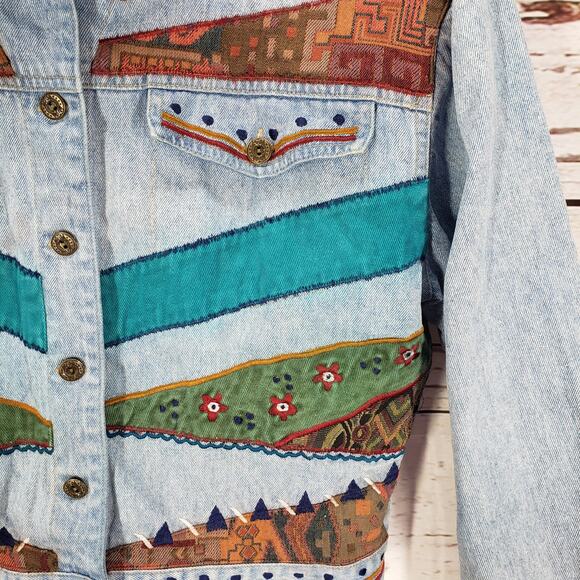 Petite Sophisticate Denim Patchwork Embroidered Crop Jacket Size Medium - Picture 14 of 14